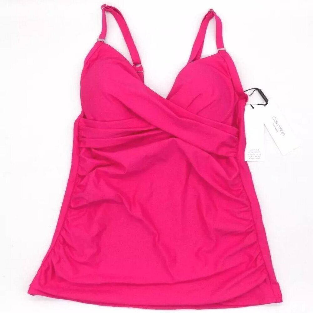 Calvin Klein Size S Tankini Swimsuit Top V-Neck Pink Compression Fit 50+ Upf